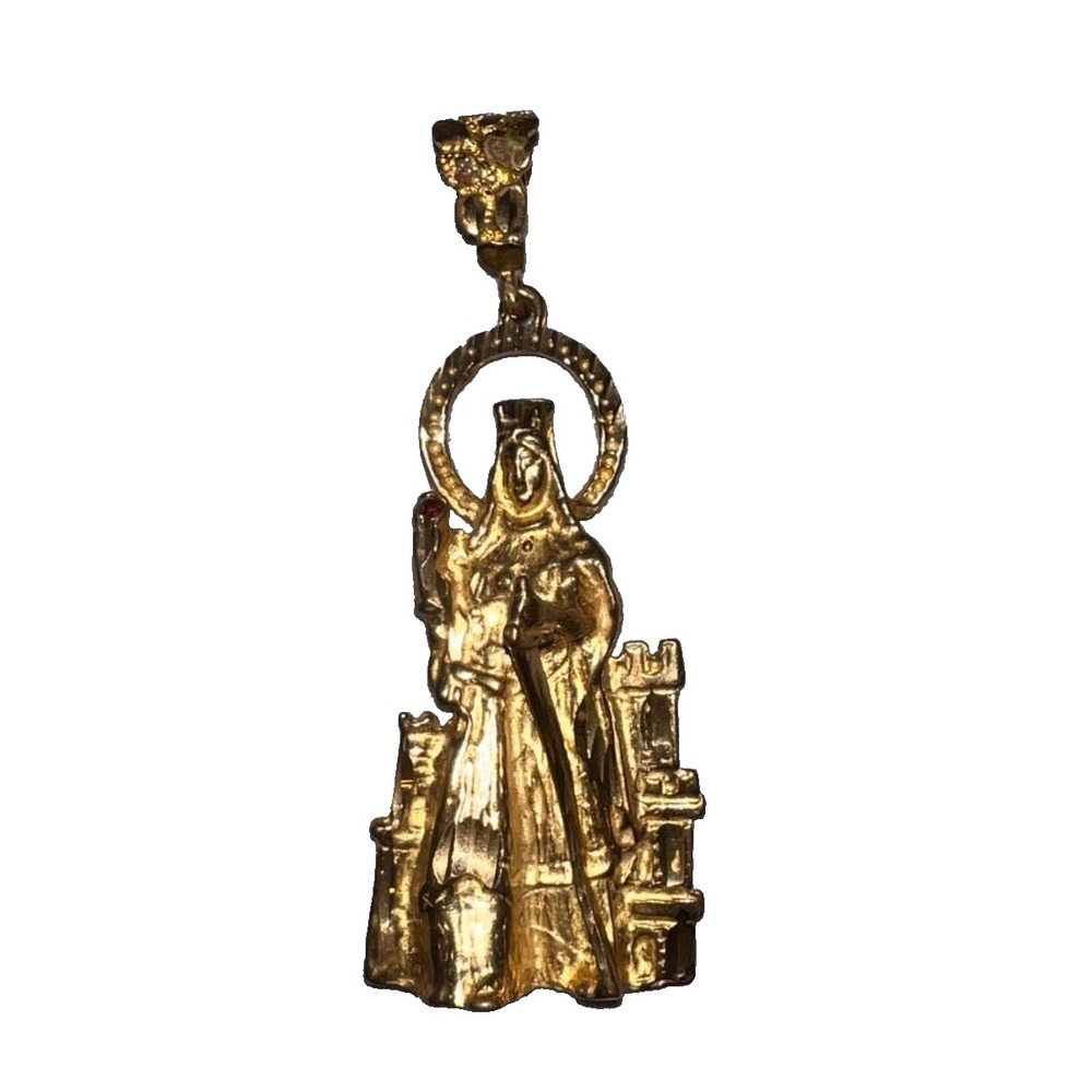 Gold Plated Stainless Steel Religious Saint Figure Staff Castle Pendant 6cm
